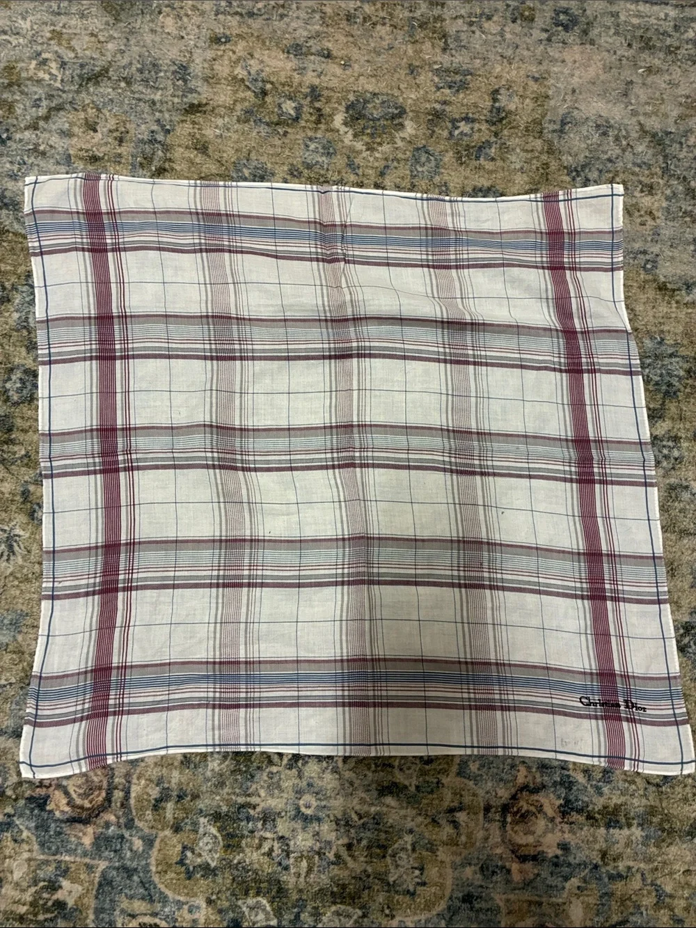 Christian Dior Plaid Cotton Bandana Scarf - White with Burgundy & Blue